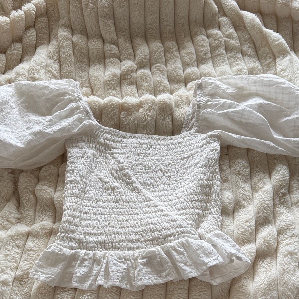 Smocked Off-Shoulder White Peasant Blouse with Puff Sleeves